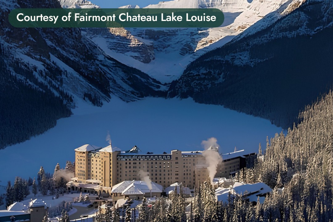 A grand hotel on the shore of frozen Lake Louise below snowy peaks in the Canadian Rockies. Courtesy of Fairmont Chateau Lake Louise.
