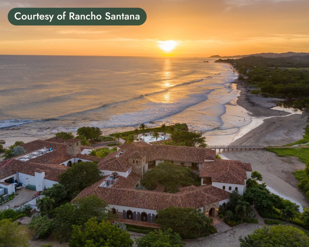 Beachfront resort at sunset over the ocean. Courtesy of Rancho Santana.